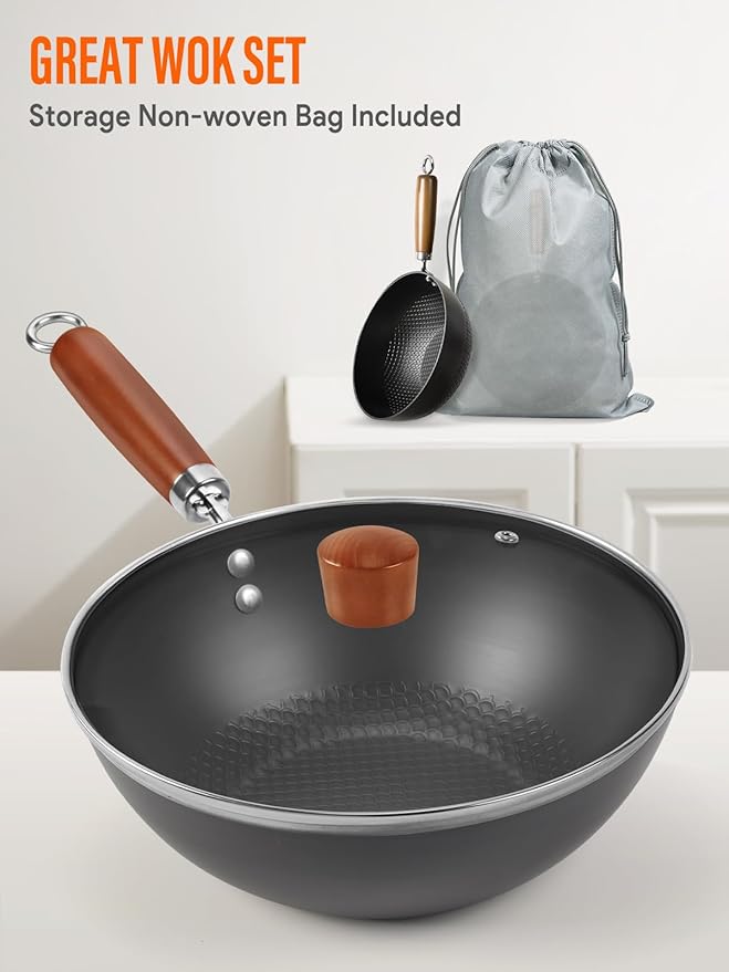 Carbon Steel Wok Pan, 9.5" Authentic Chinese Stir-Fry Pans Set with Glass Lid, 1.65lb Lightweight Flat Bottom Small Wok for 1-2 Servings