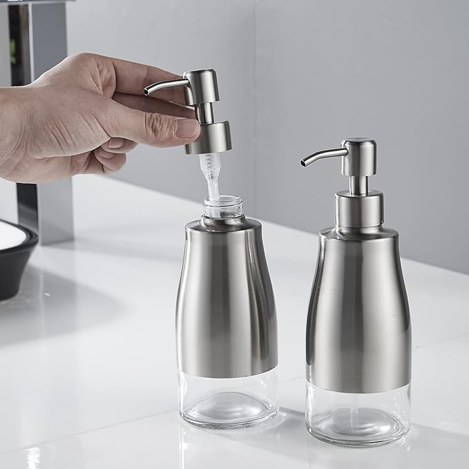 2 Pack Soap Dispenser with Coaster and Stickers, Stainless Steel Case Glass Liner Hand Pump Dispenser, Refillable Liquid Hand Soap Dispenser for Bathroom & Kitchen - Brushed Nickel