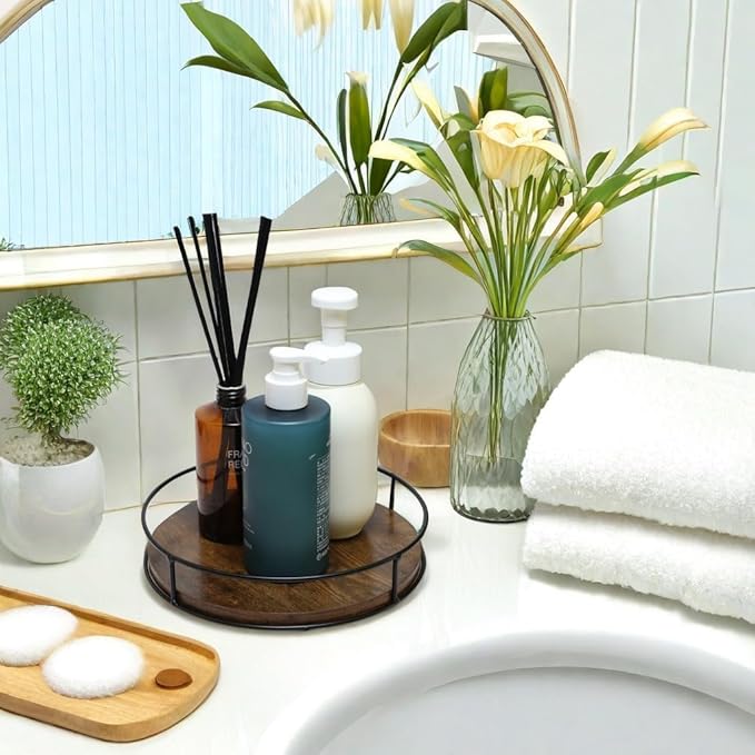 9 Inch Wood Lazy Susan Turntable for Table, Kitchen Rustic Brown Turntable Organizer with Steel Frame, 360 Degree Decorative Turntable for Countertop Cabinet or Centerpieces