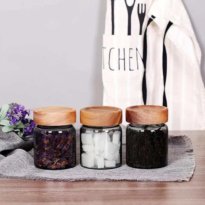 SAIOOL 3 Packs grey Glass Food Storage Jars with Screw Airtight Seal Acacia Wood Lids,Spice Jars with Lids, Organization for Jars Bottles Containers Travel Gear, Sugar, Salt,Coffee, cookies,spices