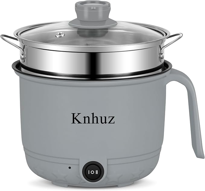 Hot Pot Electric With Steamer,Rapid Ramen Cooker,1.8L Mini Portable Self Heating Electric Pot For Cooking Noodles Steak Pasta,Shabu Shabu Hotpot Pot Electric Dorm Lazy Pot,Non-Stick Gray