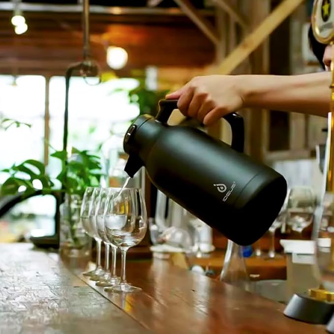 IDEUS Thermal Coffee Carafe 68oz (2,000ml), Stainless Steel Double Wall Insulated Vacuum Flask, Water Jug Coffee Server and Beverage Dispenser, Heat and Cold Retention (Black-Silver, 68oz (2,000ml))