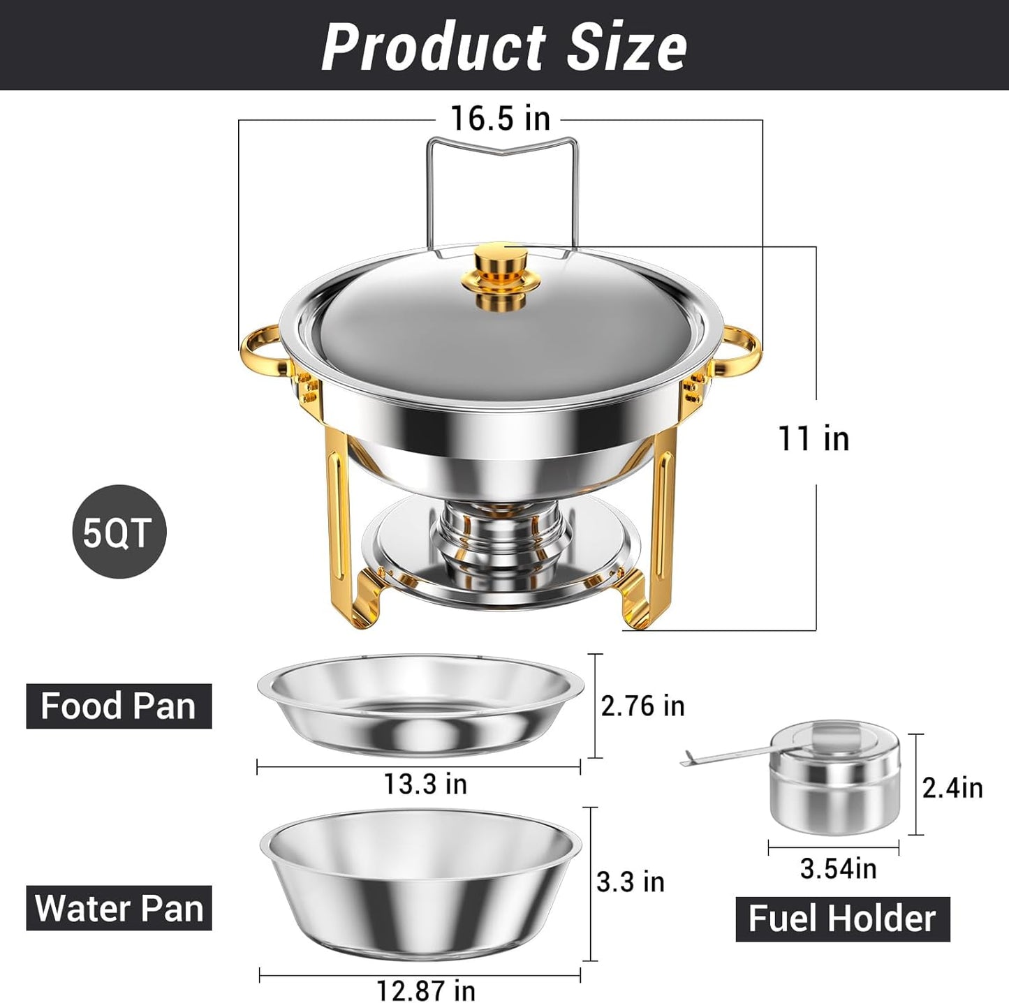 Round Chafing Dishes for Buffet 5 Qt,High Grade Chafing Dish Buffet Set, Full Size Pan,Rolled-Edge Design Food Warmers for Parties,Buffet,Wedding,Birthday,Camping 4 PACK (Half Gold)