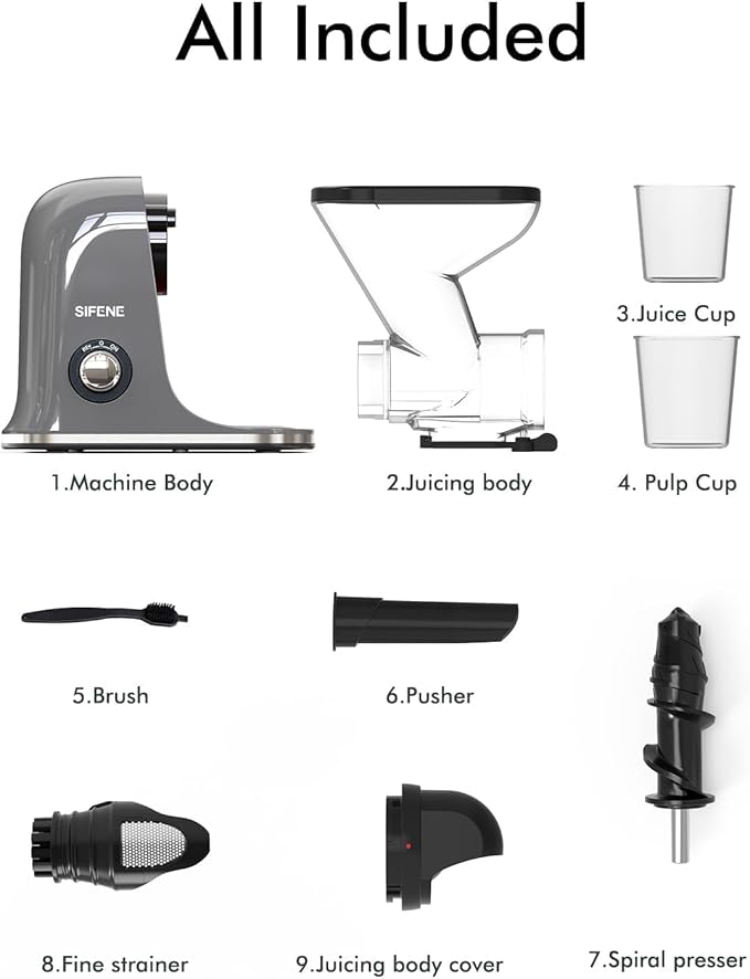 SiFENE Cold Press Juicer Machine, Compact Single Serve Slow Masticating Juicer, Vegetable and Fruit Juice Extractor Maker Squeezer, Easy to Clean, Non-BPA, Grey