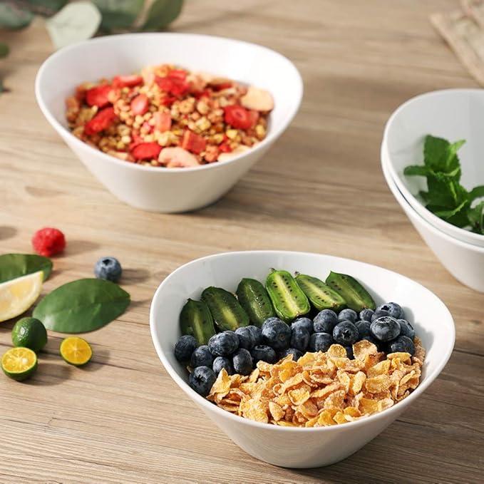 Porcelain Salad Bowls, 38 Ounce pasta bowls set of 4, 8 inch White serving bowls for cereal, soup, ramen, snacks, rice, Oven Dishwasher Safe