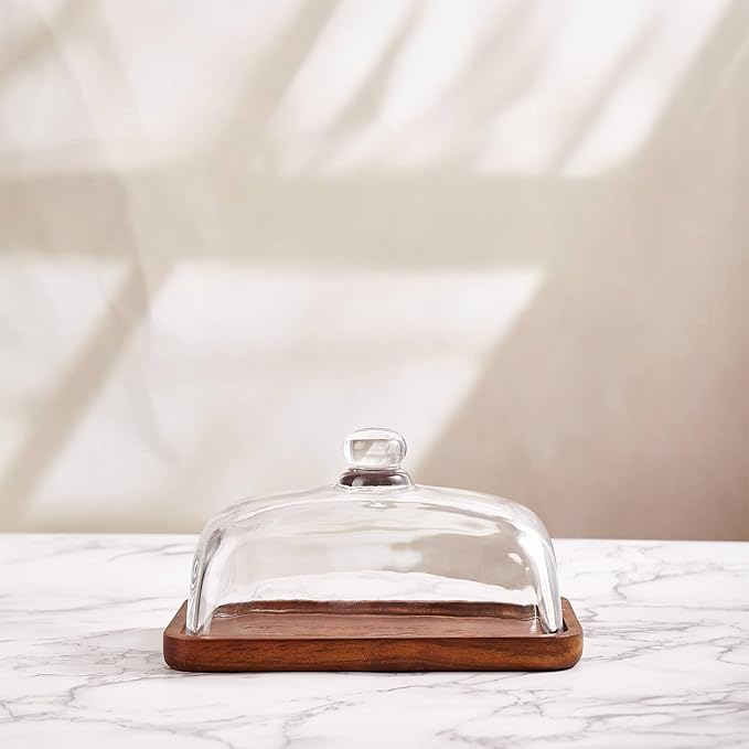 butter dish with lid, glass airtight lid keeps butter soft, for countertop and refrigerator. Widened design to fit all butters. Covered butter dishes with, Made of glass and Acacia wood.