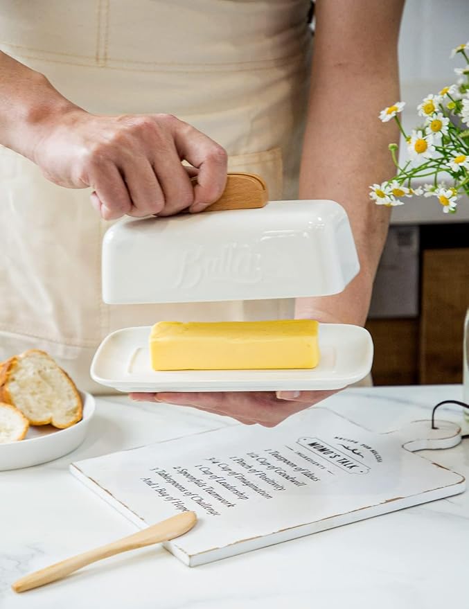 Butter Dish with Lid and Knife Ceramic Butter Holder for Counter Humanized Clamp-able Knife Handle Design, Perfect for East West Coast Butter, White