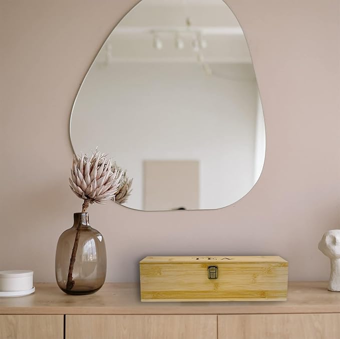 Bamboo Tea Organizer Box Chemical Free Eco-Friendly Big, Tall, Adjustable Cubbies Natural Wooden Storage Chest (4-Slot Across 14.3" x 4.4" x 4.2" with Tea Leaf design)