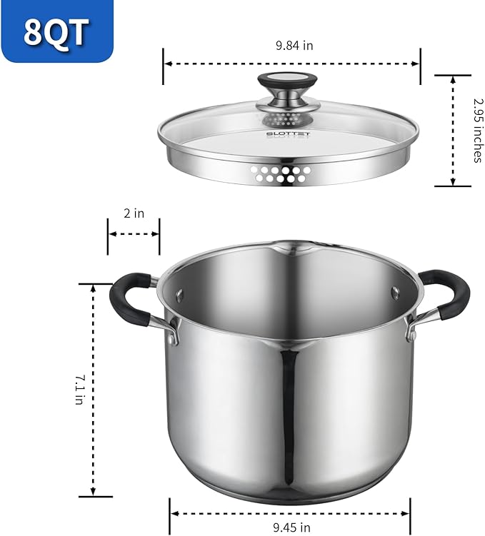 8 Quart Stainless Steel Stock Pot with Strainer Glass Lid,8 Qt Multipurpose Stockpot with Pour Spout,Stay-cool silicone Handle.