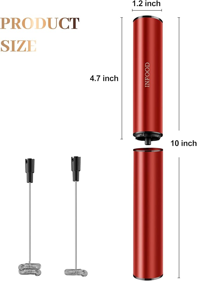 Milk Frother Rechargeable with Cover - Coffee Frother Wand, Drink Mixer Handheld with 2 Detachable Stainless Whisks 2 Speed Adjustable for Latte, Cappuccino, Hot Chocolate, Egg, Red