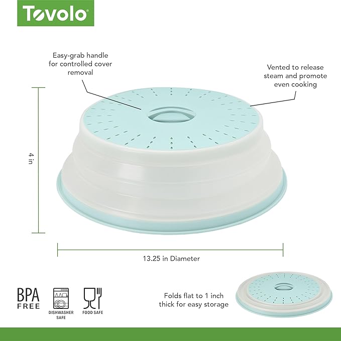 Tovolo Microwave Splatter Cover for Food, Large (Blue Haze) - Collapsible & Vented Silicone Splatter Guard Lid - Microwave Plate & Dish Cover with Handle - BPA-Free Kitchen Gadget for Meal Prep