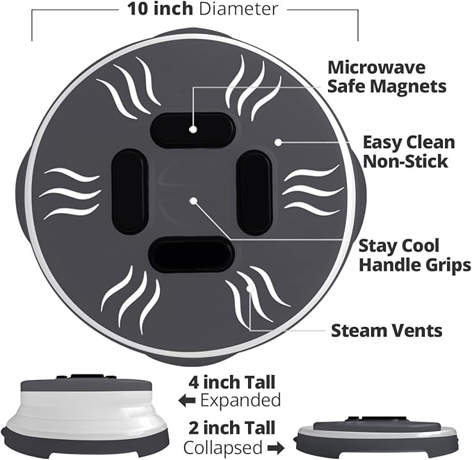 Magnetic Microwave Splatter Cover, Collapsible Microwave Cover for Food - Vented & Magnetic Microwave Plate Cover, 10-inch, BPA-Free - Graphite