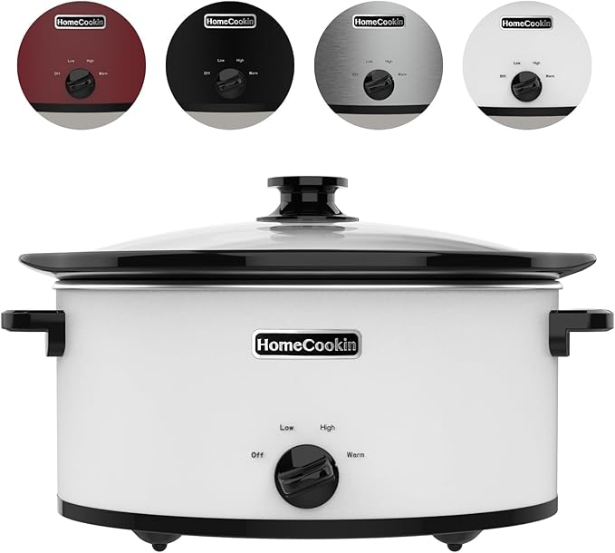 HOMECOOKIN 7 Quart Slow Cooker Oval Manual Pot Food Warmer with 3 Cooking Settings, White Stainless Steel