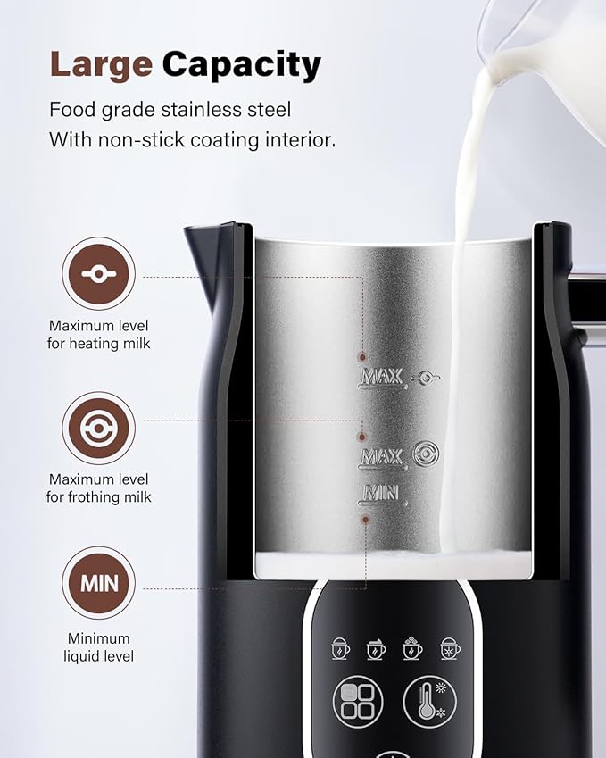 4-in-1 Electric Milk Frother and Steamer, Milk Steamer with Auto Temperature Control, Warm & Cold Foam Maker, Fast Frother for Coffee, Latte, Hot Chocolate, Cappuccino, Macchiato, Black