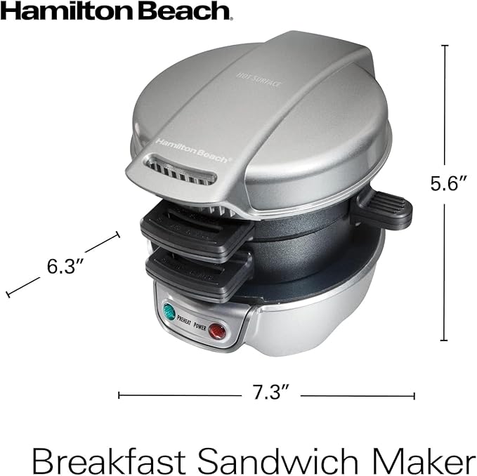 Hamilton Beach Breakfast Sandwich Maker with Egg Cooker Ring, Customize Ingredients, Perfect for English Muffins, Croissants, Mini Waffles, Perfect White Elephant Gifts, Silver (25475)