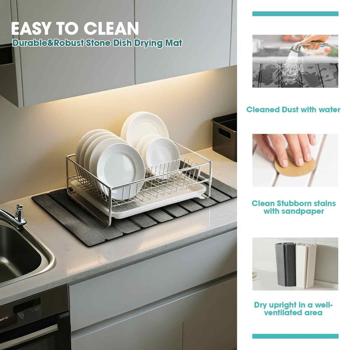 Dish Drying Mat Stone Bath Mat Diatomaceous Earth Stone Drying Mat For Kitchen Counter Sink Bath Mat Quick Dry Non Slip Foldable Dish Drying Rack Mat Large(24"×16" Dark Grey)