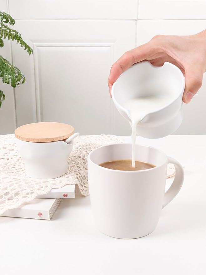 INGOFIN Ceramic Sugar and Creamer Set with Lid and Spoon, 3-Piece Porcelain Creamer Pitcher Milk Jug and Sugar Bowl for Coffee Bar, Tea Time, Kitchen Serving,3.5oz & 6oz, Dishwasher Safe, Modern White