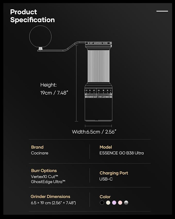 Cocinare ESSENCE GO B38 Ultra Manual Coffee Grinder – with Carrying Case Hand Grinder Capacity 30g, GhostEdge Ultra Burr & 80 Grind Settings, Perfect for Pour-over, Espresso, Cold Brew (Vintage White)