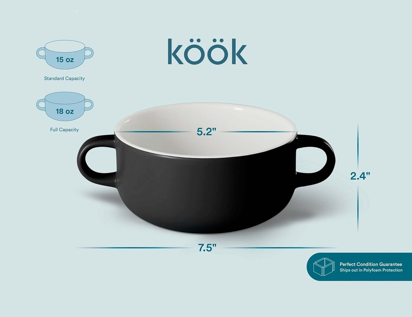 Kook Soup Crocks, Ceramic Bowls, Broil, Oven, Microwave and Dishwasher Safe, with Handles, For Casserole, Pasta, Cereal, 18 oz, Set of 4 (Black)