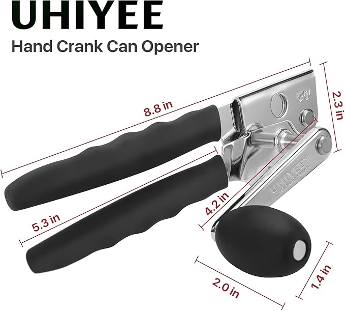 Commercial Can Opener, UHIYEE Hand Crank Can Opener Manual Heavy Duty with Comfortable Extra-long Handles, Oversized Knob, Large Handheld Can Open Easy for Big Cans, Black