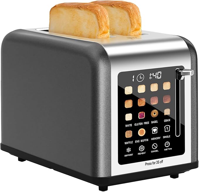 2 Slice Toaster Touch Screen, Stainless Steel Toasters Digital Timer 2 Slot Toasters, 8 Shade Settings 6 Bread Types for Bagel, Cancel, Defrost (Grey)