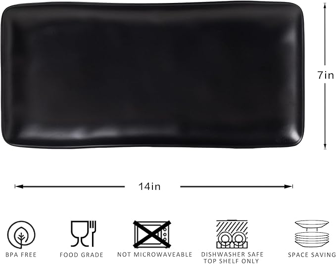 Melamine Rectangular Serving Platters and Trays set, set of 4,14” x 7” Matte Black Party Platter for Serving Food, Salad, Cheese and Fruits, Dishwasher Safe Trays/Platters for Entertaining