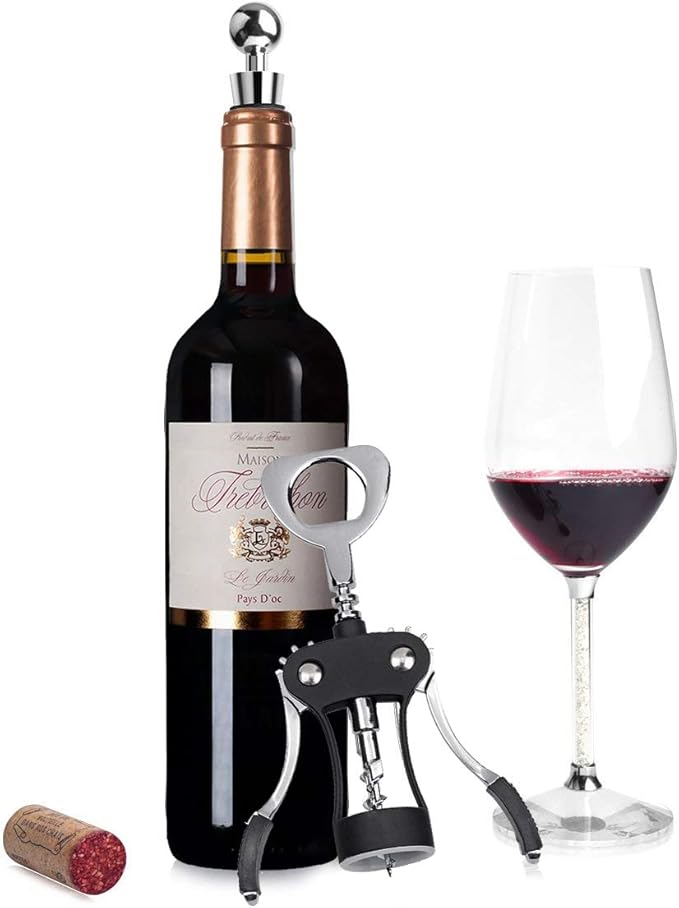Foho Wine Opener, Multifunctional Wing Corkscrew Wine Bottle Opener for all Cork Stoppered and Beer Cap Bottles, Luxury Waiter Corkscrew with Stopper Set for Wine Enthusiast, Waiters - Black