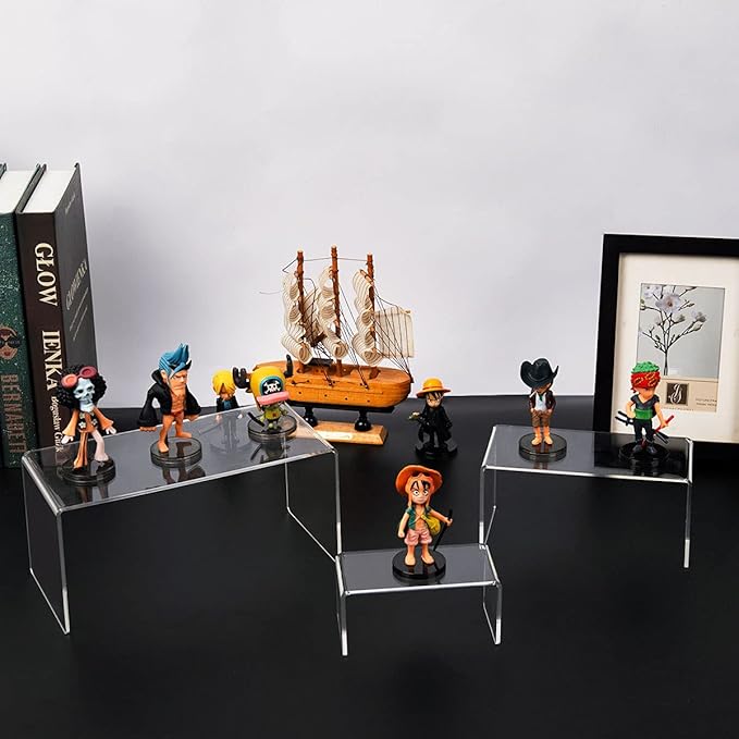 HIIMIEI Acrylic Risers for Display Clear 3-Tier Risers Stands Showcase for Amiibo Funko Pop Figures, Dessert, Jewelry-8.4"x 6.3"x 4.3" (2 Sets)
