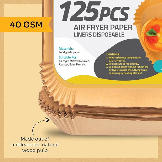 Mindful Design Air Fryer Paper Liners,125Pcs Parchment Paper, Air Fryer Disposable Liner for Microwave, Non-Stick Liners Rectangle Free of Bleach (8.5x5.5IN)