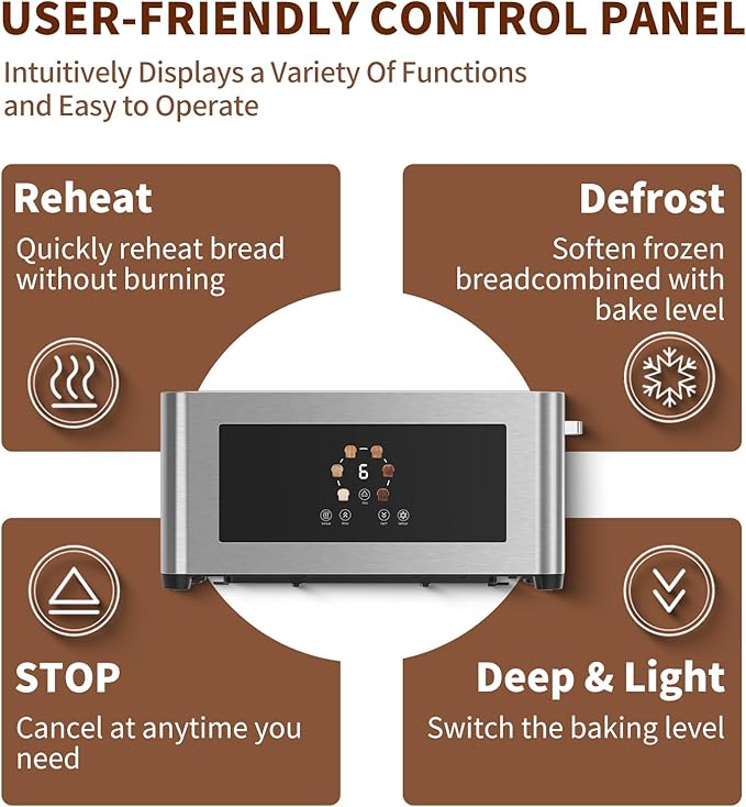 Toaster 4 slice with Touch Screen LCD Display, Extra Long Wide Slots Toaste, Smart Toaster with 6 Browning Levels, Defrost, Reheat & Removable Tray, Stainless Steel