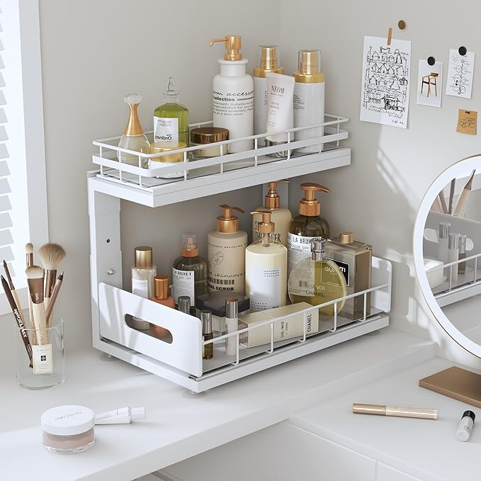 1 Pack Under Sink Organizer Upgrade To Professional Rails,2-Tier Dual Pull Out Cabinet Storage,Height Adjustable Slide Out Drawers For Bathroom Kitchen,Under Sink Shelf-White