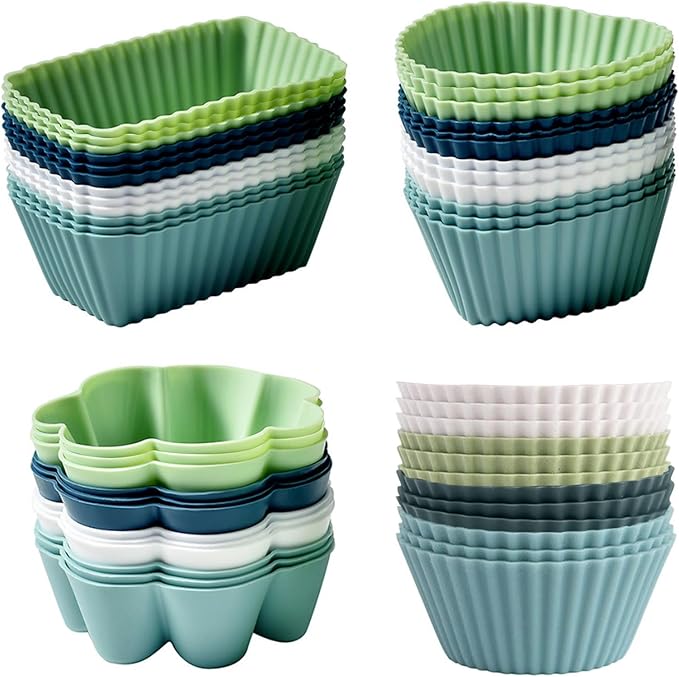 48 Pack Reusable Silicone Muffin Cups, Cupcake Baking Cups Mini Muffin Pan Silicone Cupcake Liners Non-stick Muffin Liners for Party (48, 4 Styles)