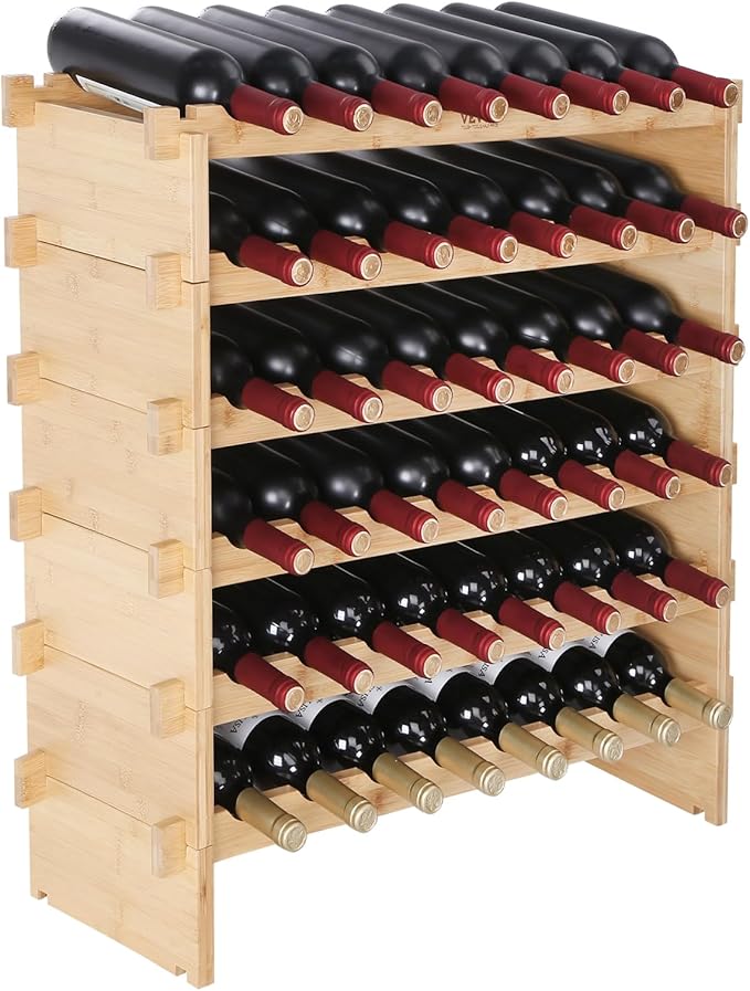 VEVOR Stackable Modular Wine Rack, 6-Tier 48 Bottles, Freestanding Wines Holder Display Shelf, Solid Bamboo Wood Storage Racks, Wobble-Free Shelves for Kitchens, Dining Rooms, Cellars, Natural Color