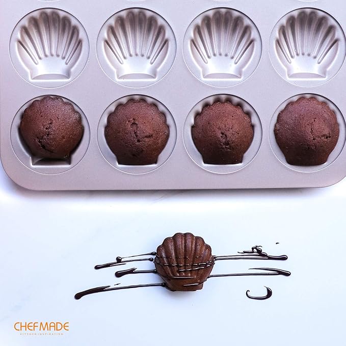 CHEFMADE Madeleine Mold Cake Pan, 12-Cavity Non-Stick Scallop Madeline Bakeware for Oven Baking (Champagne Gold)