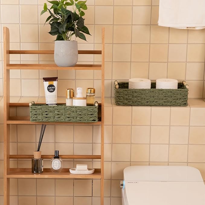 OIAHOMY Toilet Paper Baskets Handmade Paper Rope Decorative Wicker Storage Tank Shelf Cabinet Organizer for Bathroom Home, Set of 2, Green