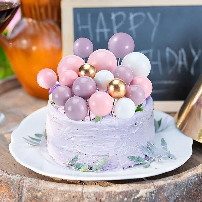 108 Pcs Balls Cake Topper DIY Cupcake Insert Foam Balloons for Cake Baking Wedding Anniversary Birthday Decoration(Pink, Purple, White, Gold,Multi Sizes)