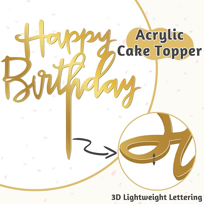 1PCS Gold Happy Birthday Cake Topper, 4.7 x 5.5 Inches Birthday Cake Decorations, Glitter Mirror Acrylic Cake Topper for Birthdays, Anniversaries, or Milestone Celebrations
