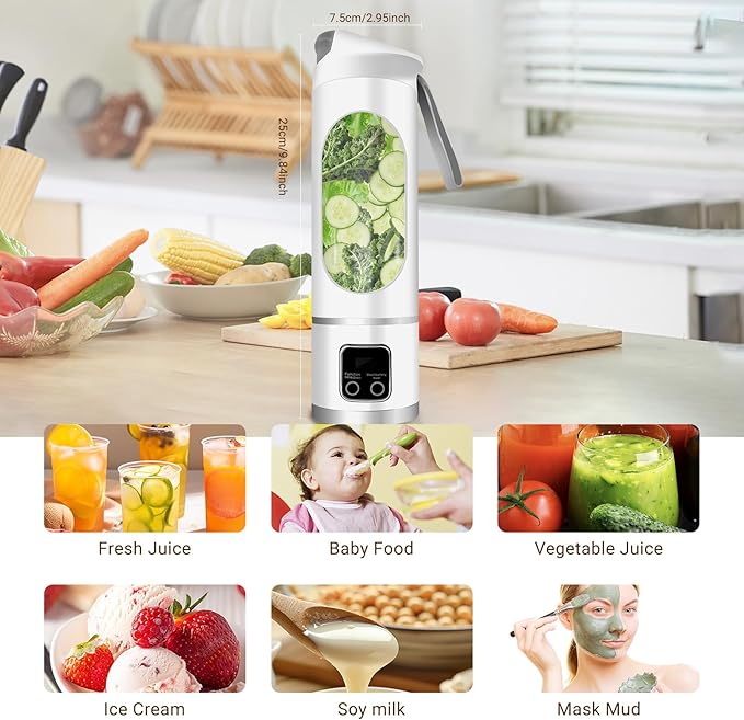 Portable Personal Electric USB Juicer,500ML Mini Blender Portable Blender For Shakes and Smoothies juice,12 Blades Great for Mixing,Compact、Convenient and Versatile (White)