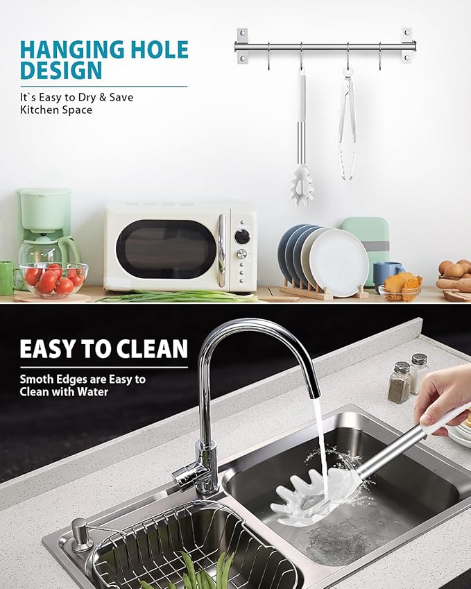 Spaghetti Spoon and Pasta Tong, Non-stick Silicone Spoon Server Fork with teeth and Stainless Steel Handle Spaghetti Tong, Food Clip for Spaghetti Noodle, White