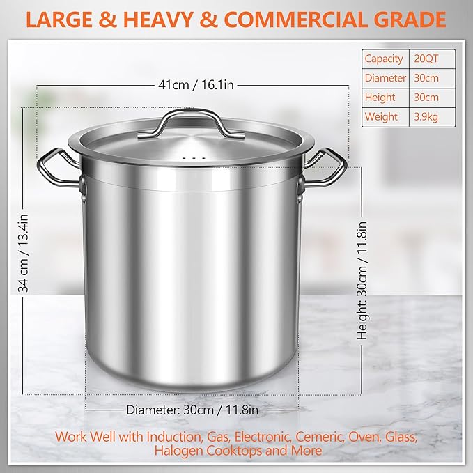 Stock Pot 20 Quart - Stainless Steel Stock Pot with Lid – Heavy-Duty Cooking Pot for Soup, Stew, Pasta – Commercial & Home Use, Induction Compatible - 5 Gallon