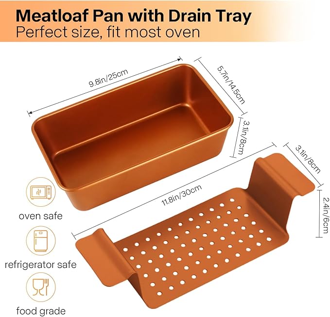 Gold Meatloaf Pan with Drain Tray, Non Stick loaf Pan Set of 2, Heavy Duty 9.8x5.7 Inch Meat loaf Pan with Insert Drip Rack, for Baking Bread and Healthy Meatloaf