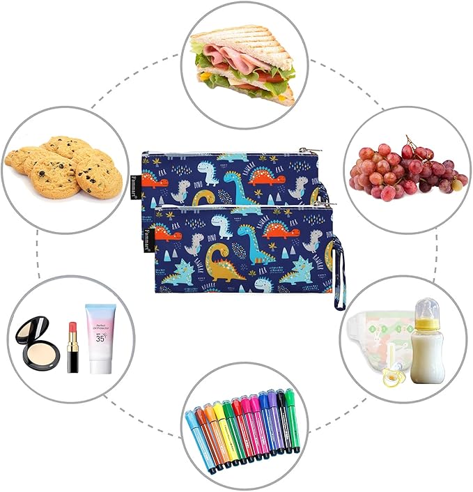 Reusable Sandwich Bag/Snack Bag for Kids & Adults, Dual Layer Lunch Bag with Handle, Washable, Food Safe, BPA Free (2-Pack, Dinosaur)