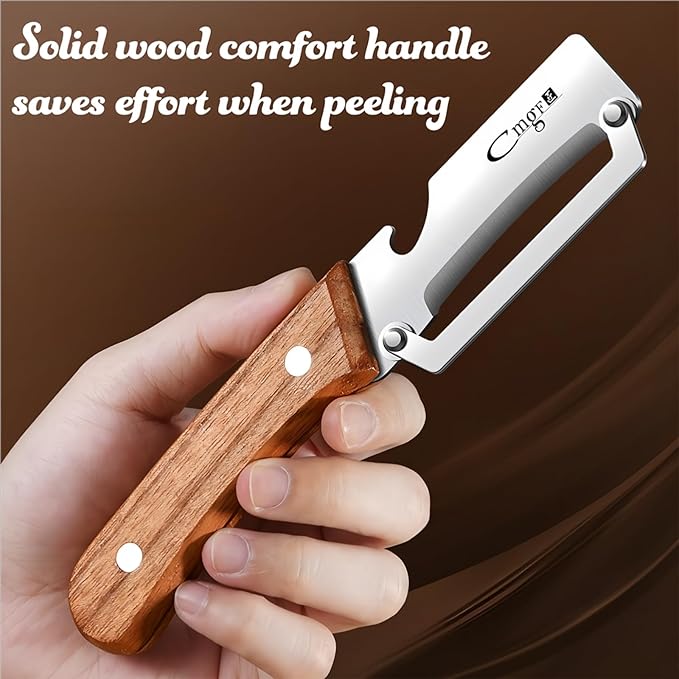 Premium Vegetable Peeler with Wooden Handle and Bottle Opener Stainless Steel Blade Kitchen Tool for Fruit Apple Potato Pumpkin Papaya Zucchini
