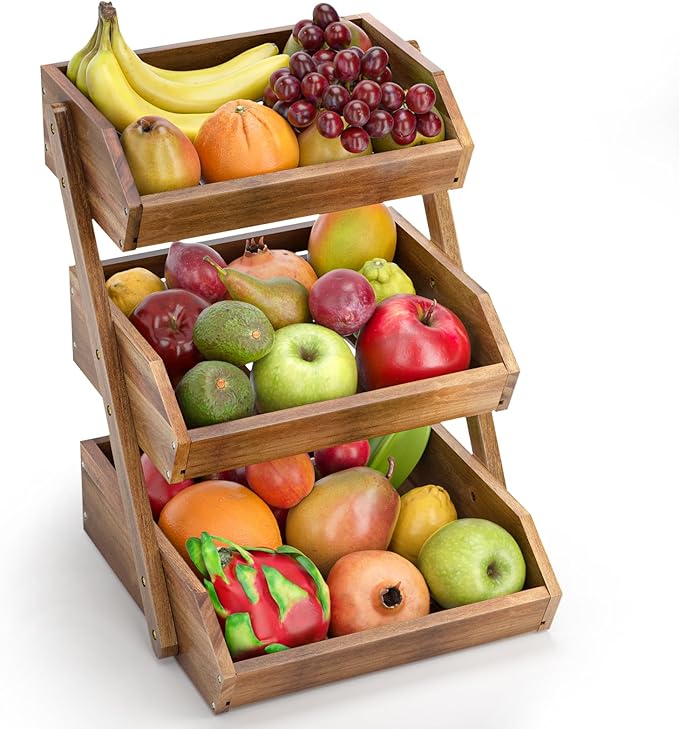 G.a HOMEFAVOR Fruit Basket: 3-Tier Acacia Wood Fruit Bowl for Kitchen, Fruit Stand Storage Holder for Vegetables and Snack Home Kitchen Countertop Organizer (Self-assembly)
