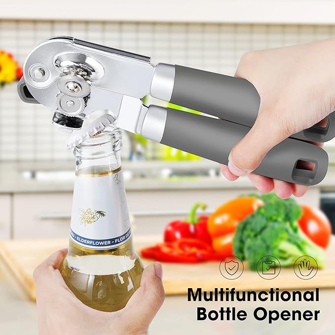 Beneno Can Opener Manual with Magnet, Hand Held Heavy Duty Can Opener with Durable Sharp Blade Smooth Edge, Big Effort-Saving Knob, Soft Grip Rubber Handle, Multifunctional Bottle Opener, Gray