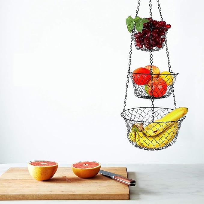 malmo 3-Tier Wire Fruit Hanging Basket, Vegetable Kitchen Storage Basket, Iron Wire Black (Basket2024)