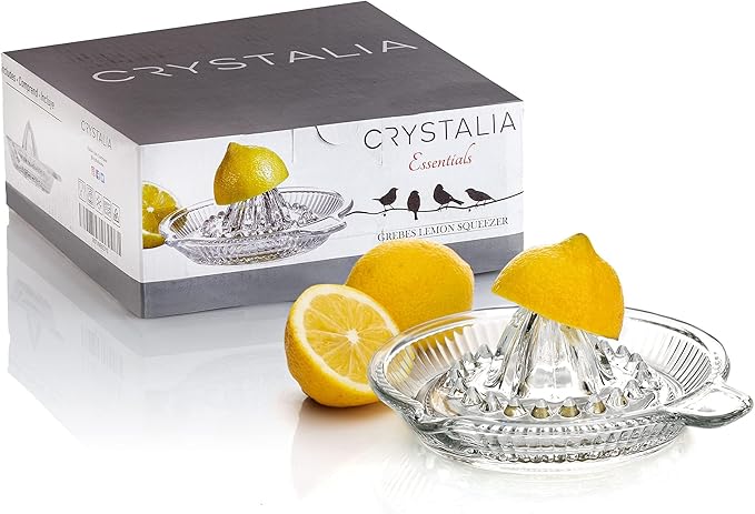 Crystalia Lemon Squeezer, Small Citrus Juicer, Extractor Manual Hand with Handle and Pour Spout, Lead-Free Heavyweight Crystal Clear Glass