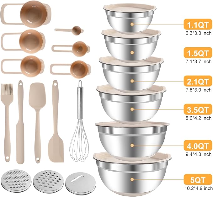 Mixing Bowls with Airtight Lids Set, 20 PCS Kitchen Gadgets Set, 6 Stainless Steel Bowls,3 Grater Attachments,Non-Slip Silicone Bottoms,Great for Serving&Baking,Size 5, 4, 3.5, 2.1, 1.5, 1.1QT (Khaki)