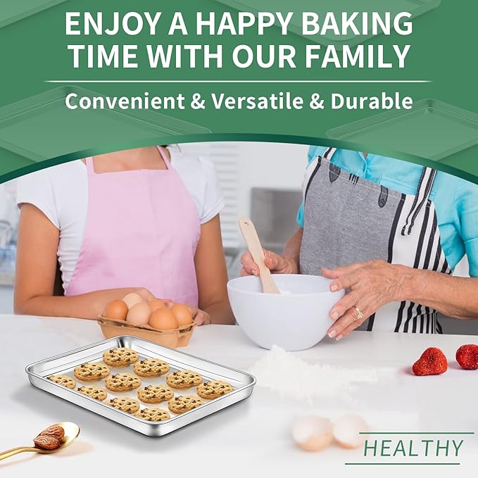 Baking Sheets Set of 2, HKJ Chef Cookie Sheets 2 Pieces & Stainless Steel Baking Pans & Toaster Oven Tray Pans, Rectangle Size 10 x 8 x 1 inch, Non Toxic & Healthy & Easy Clean