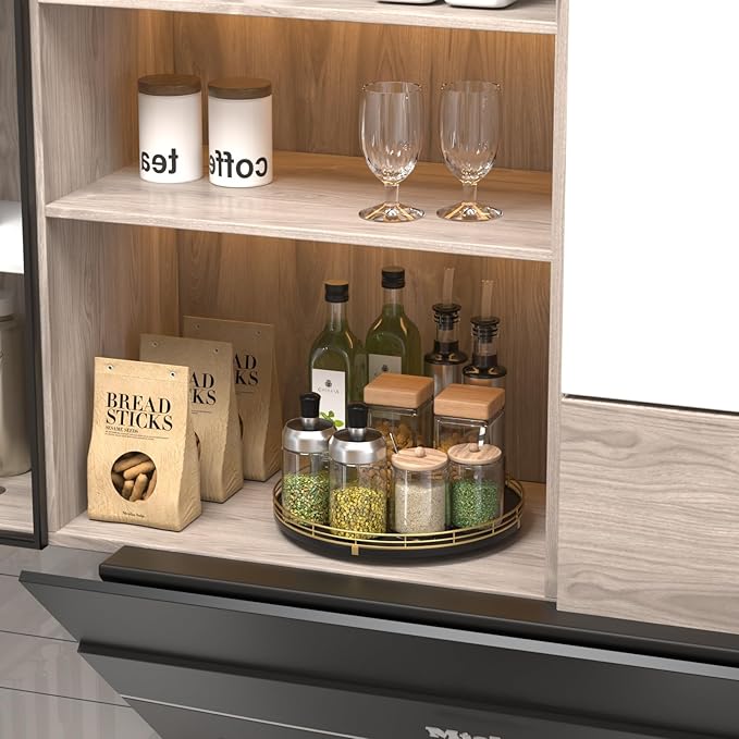 12" Oak Wood Lazy Susan Organizer, Lazy Susan for Cabinet Dining Table Pantry Wood Turntable Organizer Tray for Coffee Table Kitchen Countertop Spinning Spice Can Organization and Storage Round Gold